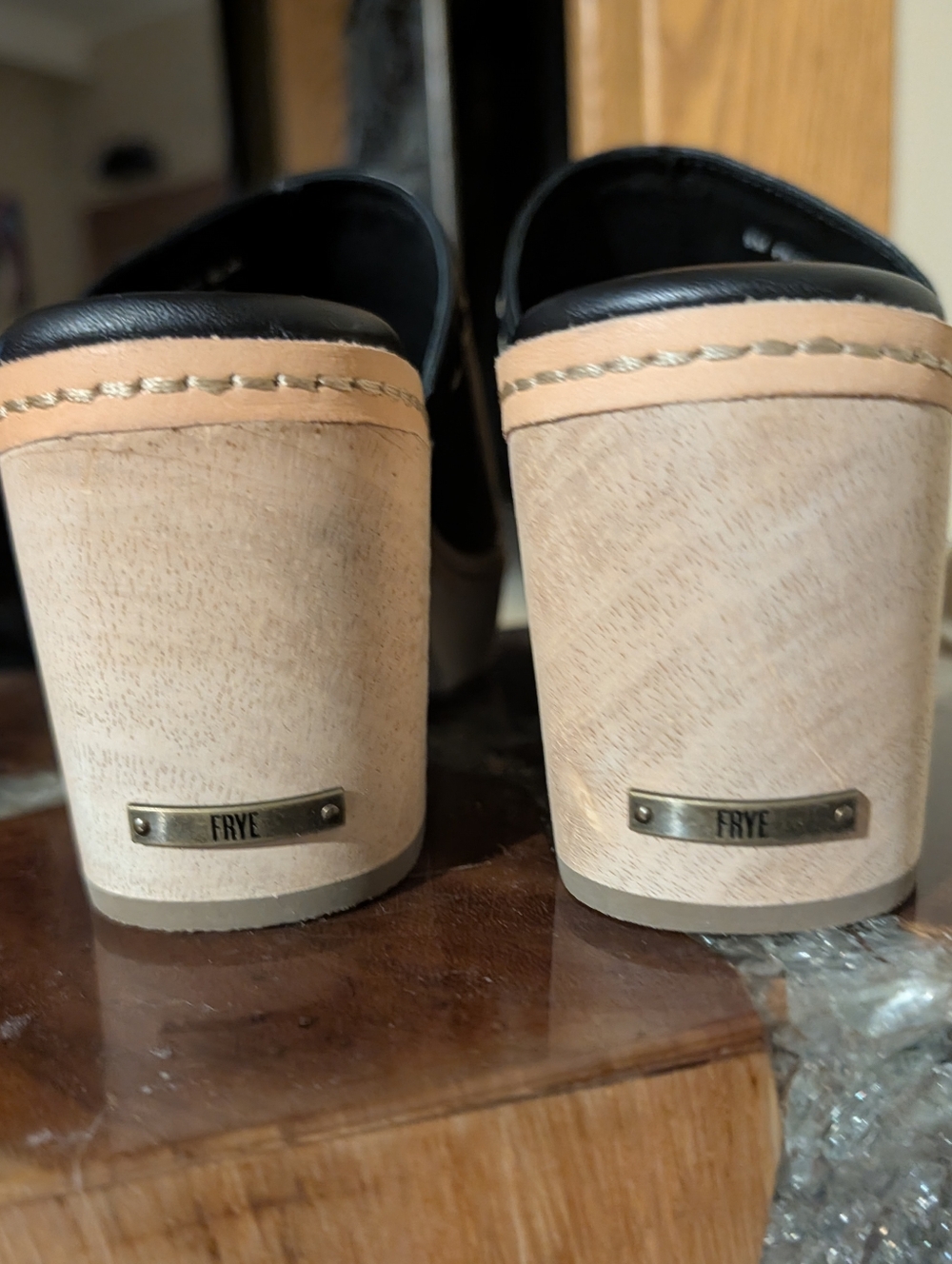 Frye Hazel 2 Platform Slides sz 8 in Black Leather & Natural Wood - Picture 7 of 16